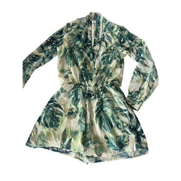 BTFL-Life Green Palm Tree Print Long Sleeve Lightweight Romper Women's Size XS - Picture 2 of 9